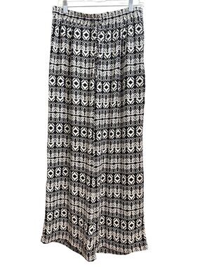 Womens Wide Leg Bohemian Pants Size Medium Black White Geometric Beach Flowy